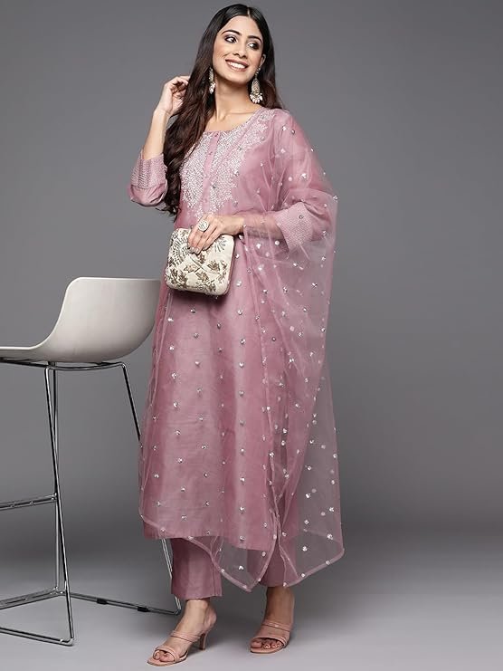 Embroidered A-Line Kurta with Bottom and Dupatta - Image 4