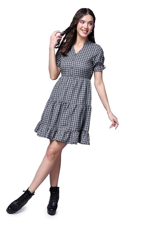 POPWINGS Casual Check Print Short Dress for Women | - Image 2