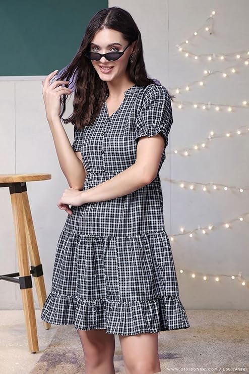 POPWINGS Casual Check Print Short Dress for Women |