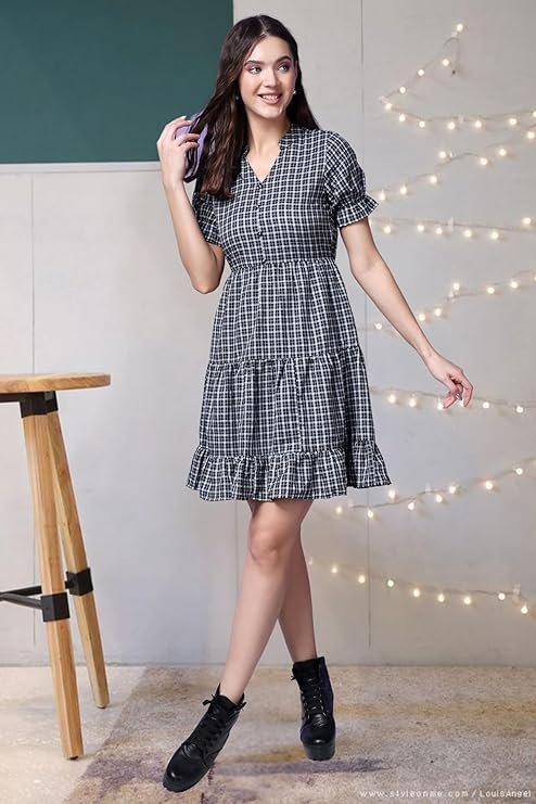 POPWINGS Casual Check Print Short Dress for Women | - Image 3