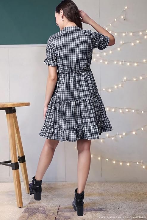 POPWINGS Casual Check Print Short Dress for Women | - Image 5