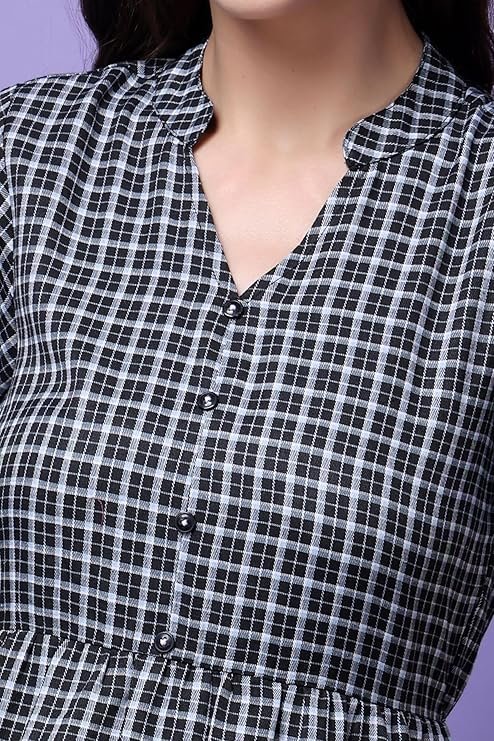 POPWINGS Casual Check Print Short Dress for Women | - Image 4
